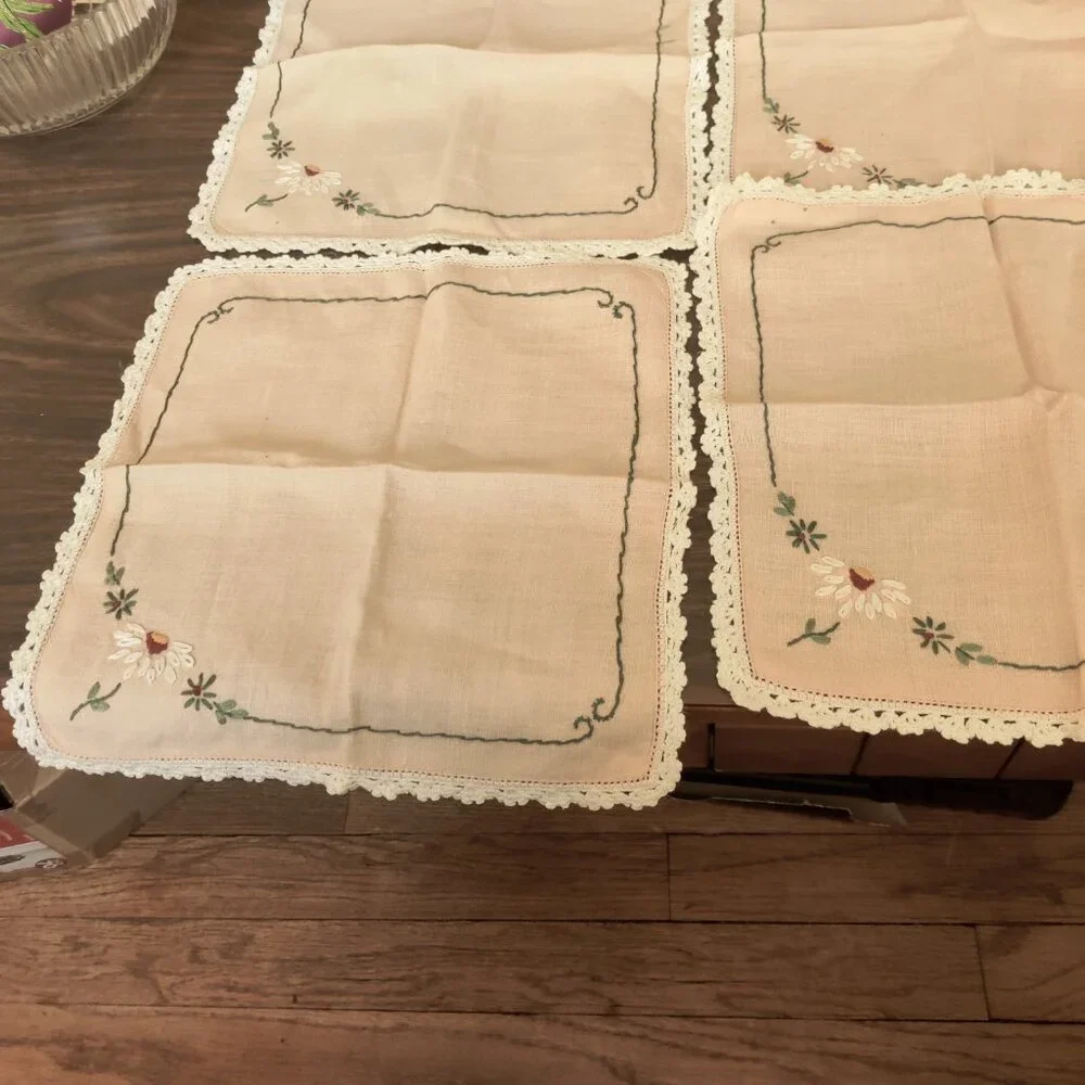 Embroidered Tea Napkins 4, Daisy, Greens & Red Stitching Handmade Vintage